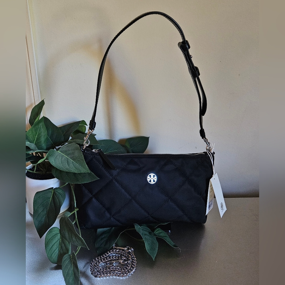 Tory Burch nwt Willa Quilted Nylon Zip Shoulder Bag Black Silver Hardware
